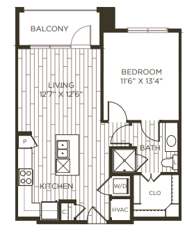 Floor plan for 1 bed, 1 bath, 730 sqft